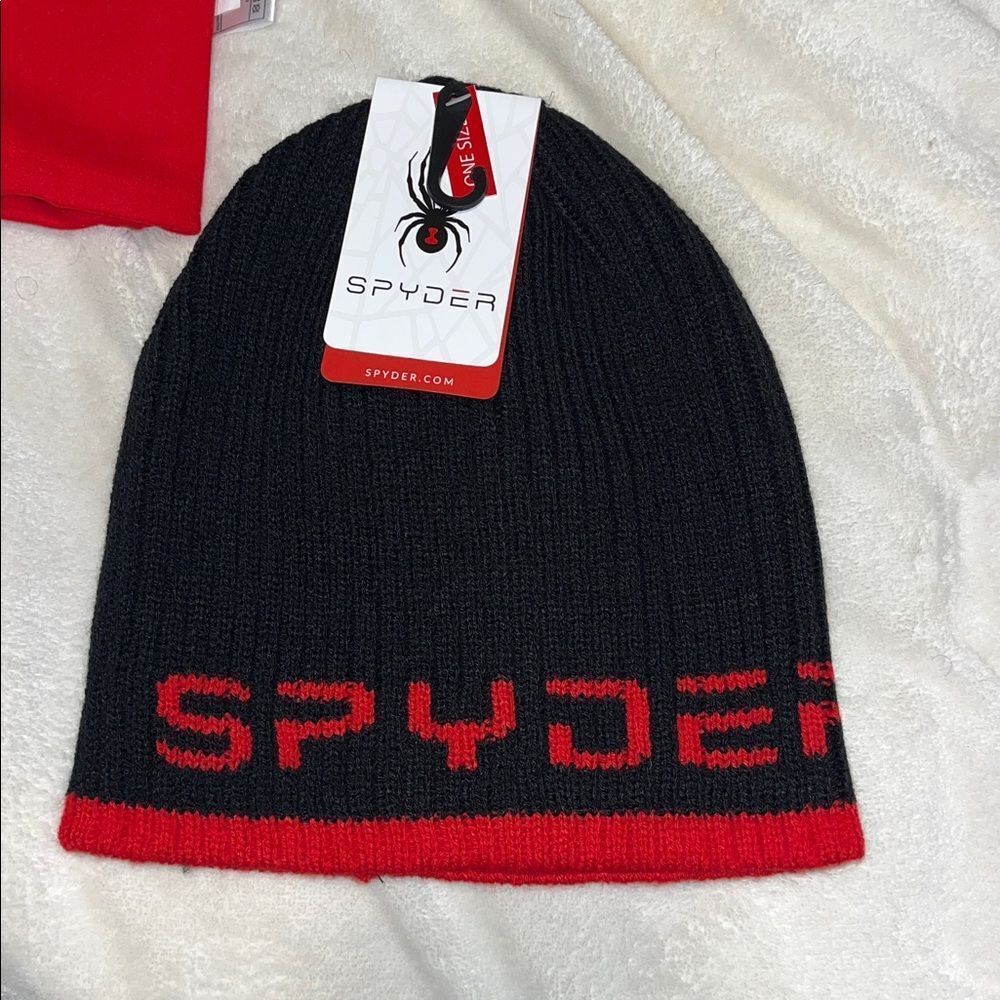 Black Red Trim Spyder knit ski snowboard Volcano print winter cap beanie hat